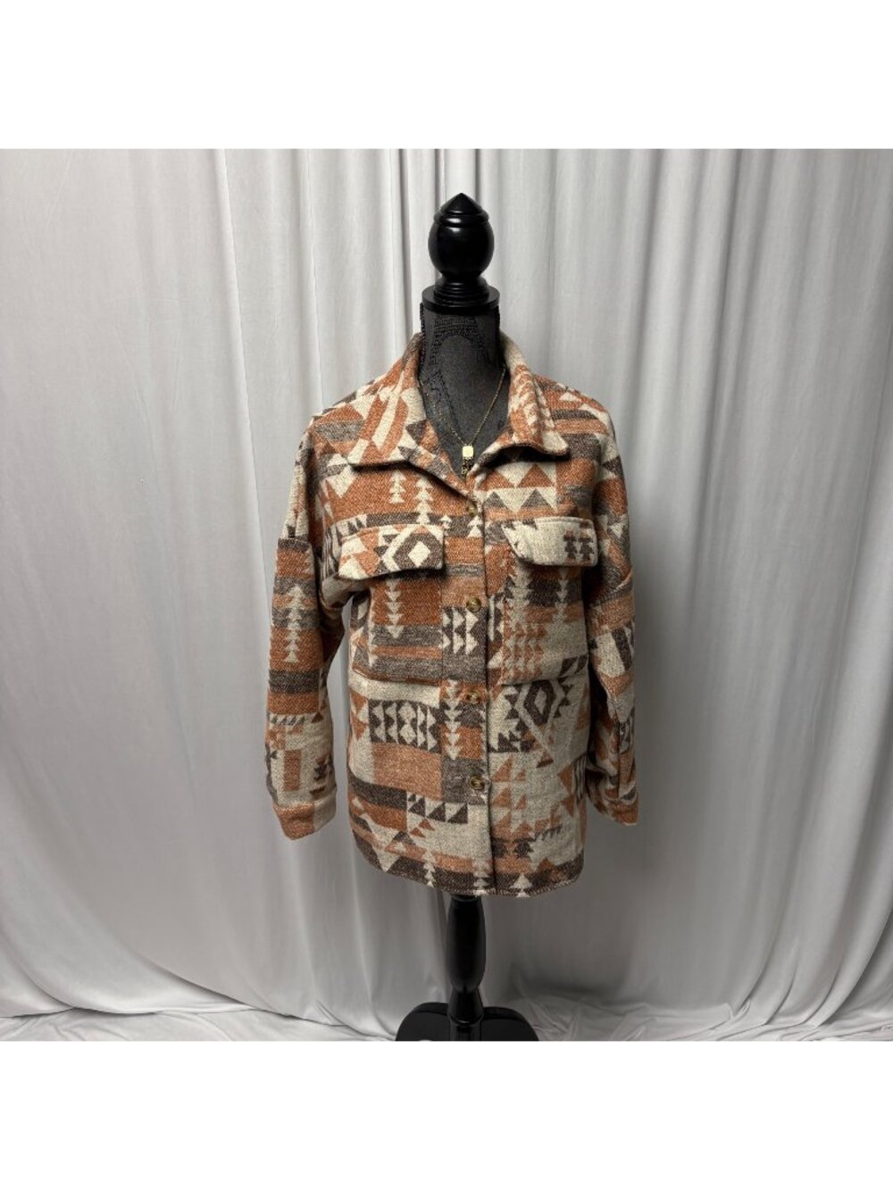 Aztec Button-Up Jacket Womens Size Medium Dropped Shoulder Collared Boho Shacket